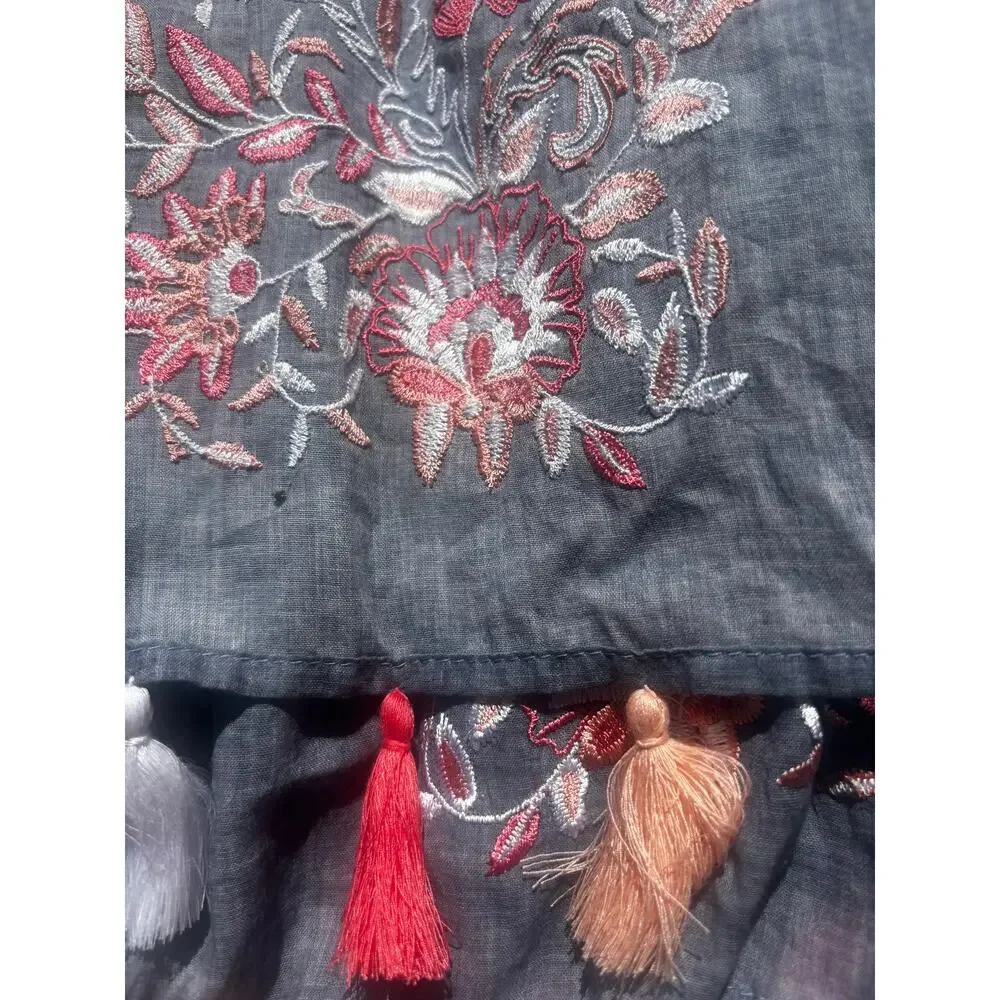 Chicos Embroidered Gray Scarf With Tassels Lightweight Boho Fairy Forrest Preppy